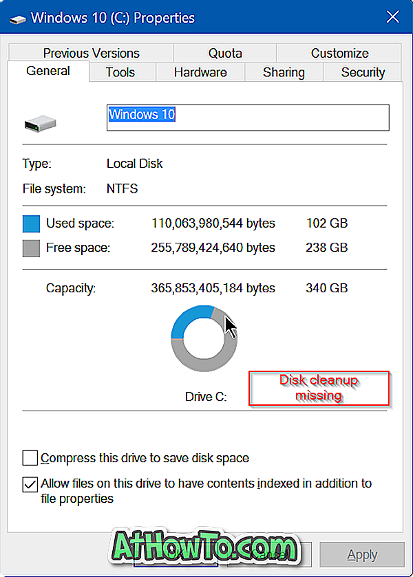 Почистване на диска липсва от свойствата на устройството в Windows 10