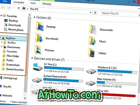 SkyDrive'i kausta eemaldamise tööriist Windows 8.1 Explorer navigeerimispaneelilt