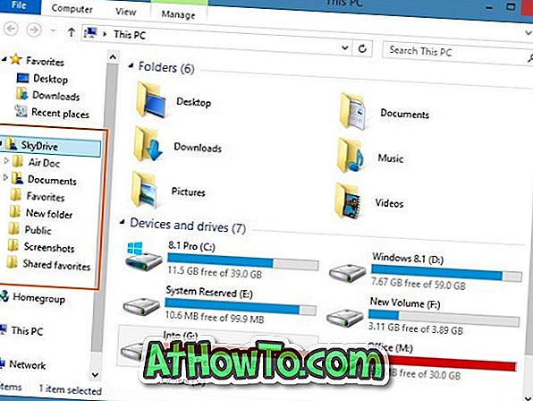 Sådan skjuler eller fjerner du SkyDrive-mappe i Windows 8.1 Explorer